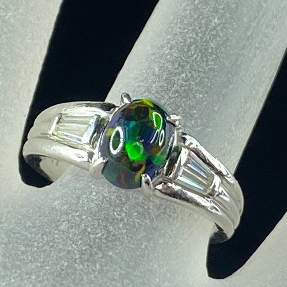 Certified Platinum 950 0.85ct Black Opal 0.12ct baguette Diamond ring 7.1g s6